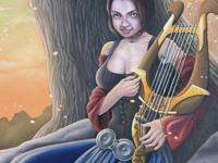 Dryad with harp under ash tree